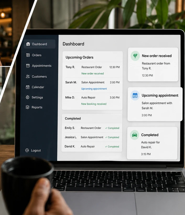 Dashboard showing upcoming and completed business requests